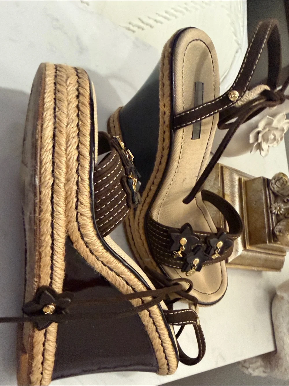 Women's Brown Espadrille Wedge Sandals with Floral Charms - Picture 6 of 8